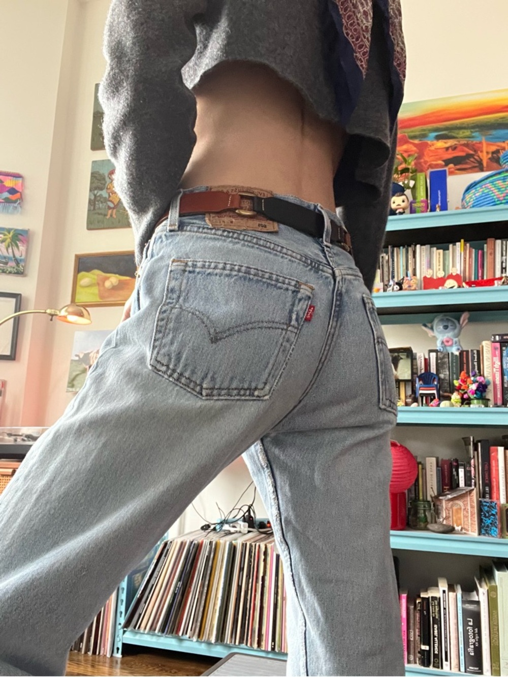 80s Fossil Two-Tone Brown and Burgundy Leather Belt with Brass Buckle - Picture 3 of 7